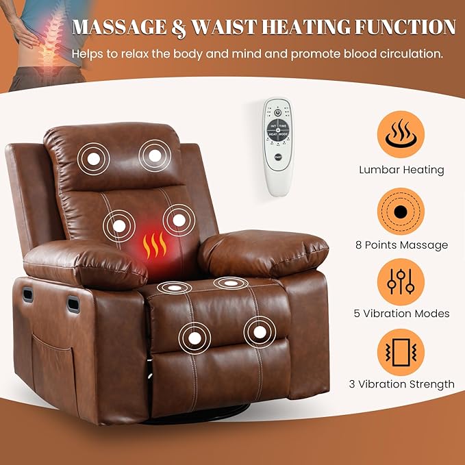 Massage Recliner Chair for Adults 360 Swivel &amp Rocker with Heat &amp Vibration Brown PU Leather Glider Reclining Chair for Home Theater Living Room Lounge Nursery