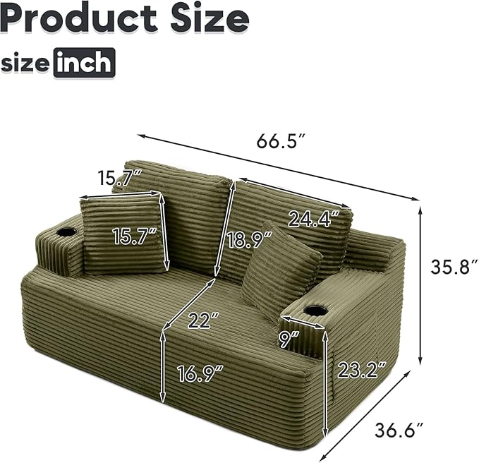 66.5 Cloud Loveseat Boneless Sofa Couch in a Box 2 Seater Foam Compression Couches Modern Living Room Floor Sofa Couch Corduroy Small Love Seat No Assembly Required Green