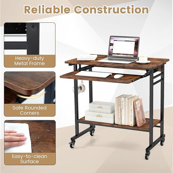 LDAILY Small Computer Desk Portable Desk on Wheels with Spacious Tabletop Keyboard Tray Open PC Stand 3 Earphone Hooks Wooden Rolling Computer Cart Mobile Laptop Desk for Office Home