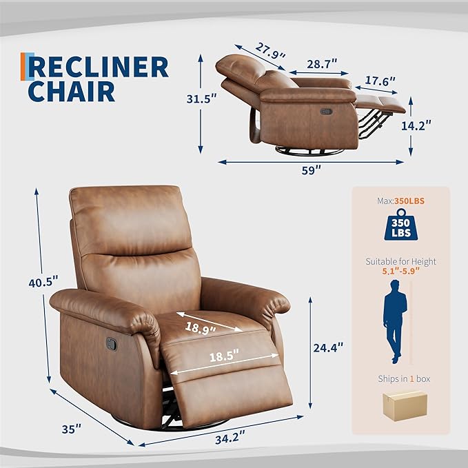 IDEALHOUSE Manual Recliner Chair 360° Swivel Rocker Glider Recliner with Padded Armrests Modern PU Leather Upholstered Reclining Chair for Living Room Bedroom and Nursery (Orange)