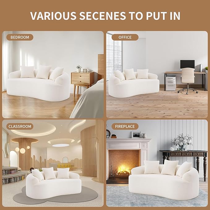 65” Cloud White Curved Couch&amp Loveseat Sofa with 3 Pillows Compression Couch with Round Armrest Suitable for Small Space Bedroom Living Room Memory Foam Chenille No Assembly (Cloud White)