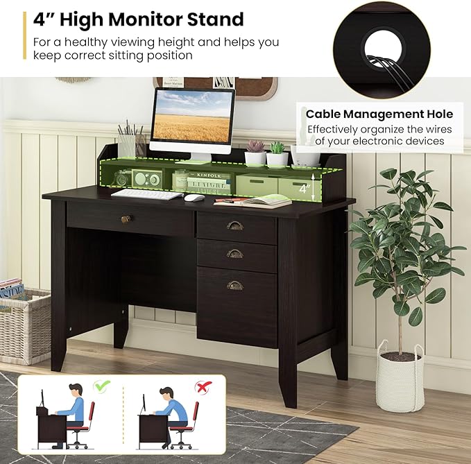 Tangkula Computer Desk with 4 Storage Drawers &amp Hutch Home Office Desk Vintage Desk with Storage Shelves Wooden Executive Desk Writing Study Desk (Black)