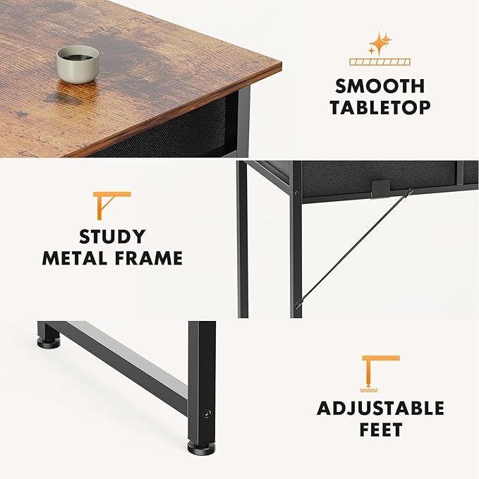 Sweetcrispy Computer Desk Small 32 Inch Home Office Bedroom Writing Study PC Table with Fabric Storage Drawers Space Side Bag Headphone Hook Adjustable Feet Modern Simple Style Rustic Brown