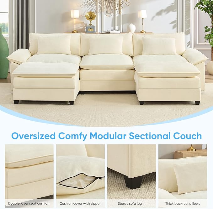 Mjkone 118” U Shape Sectional Couch with Movable Ottoman Oversized Modular Comfy Cloud Sofa with Double Layer Cushion 5 Seater Deeper Seat Couches for Living Room/Home Office/Apartment-Beige
