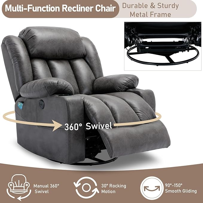 360° Swivel Rocker Recliner Chair with Heat and Massage Manual Glider Rocking Reclining Chair Swivel Overstuffed Lounge Reclining Chair with 2 Cup Holders Side Pockets &amp USB Ports Grey