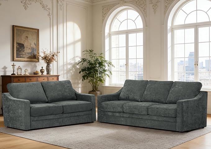 2 Pieces Chenille Sofa Set w/Soft Back Cushion &amp Curved Armrest Modern 2 Seat &amp 3 Seats Couch Set w/Deep Seat Space Upholstered Love Seat &amp Sofa w/High Density Foam for Living Room Grey