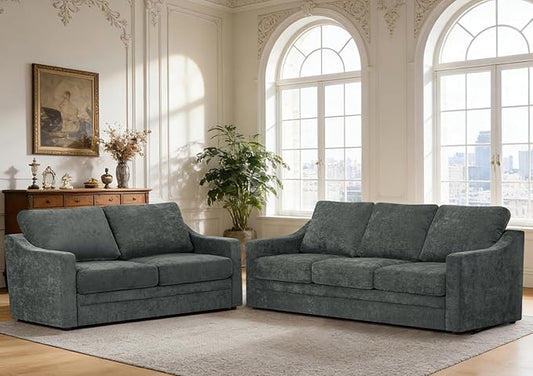 2 Pieces Chenille Sofa Set w/Soft Back Cushion &amp Curved Armrest Modern 2 Seat &amp 3 Seats Couch Set w/Deep Seat Space Upholstered Love Seat &amp Sofa w/High Density Foam for Living Room Grey
