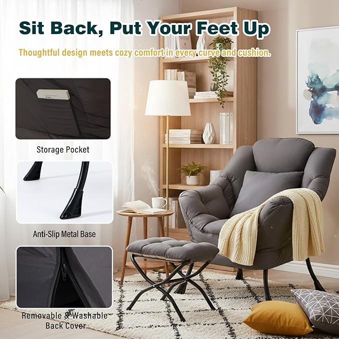 Lazy Chair with Ottoman Large Accent Chair with Ottoman and a Throw Pillow Dark Grey Reading Chair for Living Room Bedroom Dorm Room Office Apartment Relaxing Use