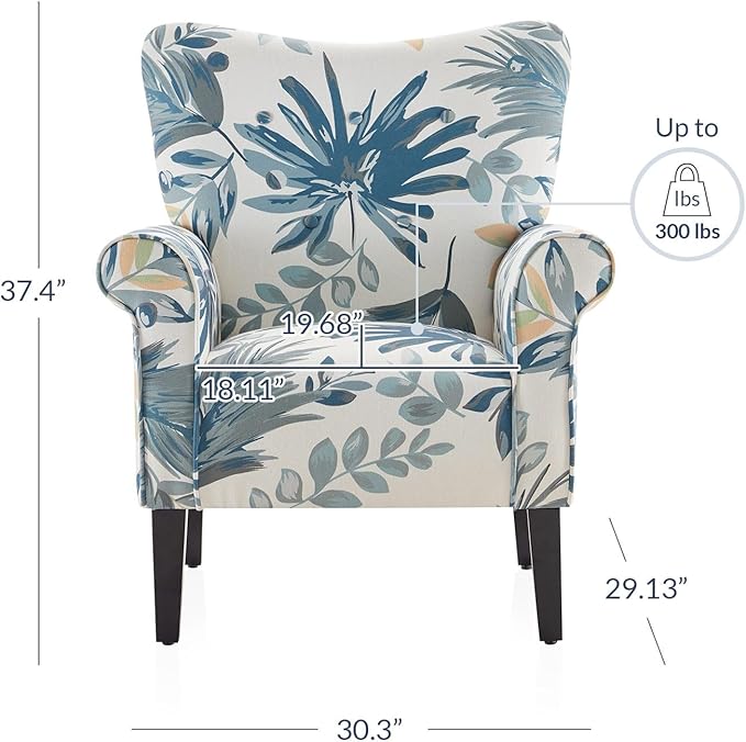 BELLEZE Modern Accent Chair High Back Armchair Upholstered Wingback Side Chair Padded Single Sofa with Wooden Legs for Living Room Bedroom - Green Blue Floral