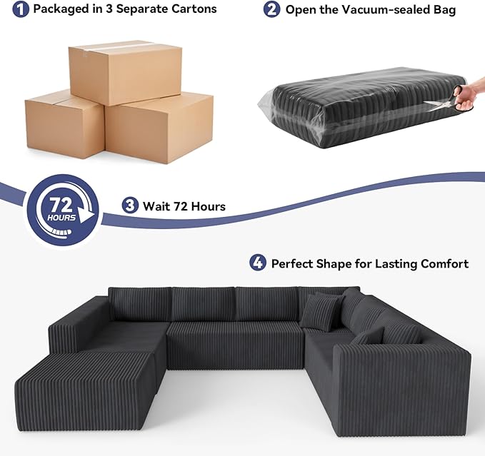 135 U Shaped Boneless Couch Oversized Boneless Sectional Couches for Living Room Large Modular Sofa with Ottoman Plush Corduroy Couch with Deep Seat Chaise No Assembly Black