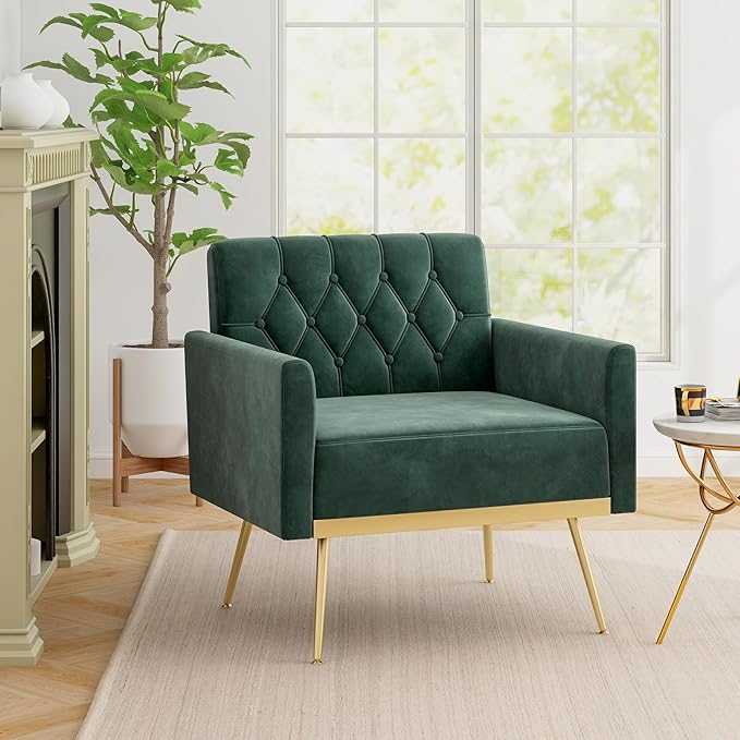 Giantex Modern Velvet Accent Chair - Mid-Century Upholstered Single Sofa Chair w/Button Tufted Back Golden Metal Legs Adjustable Foot Pads Comfy Living Room Armchair for Bedroom Dark Green