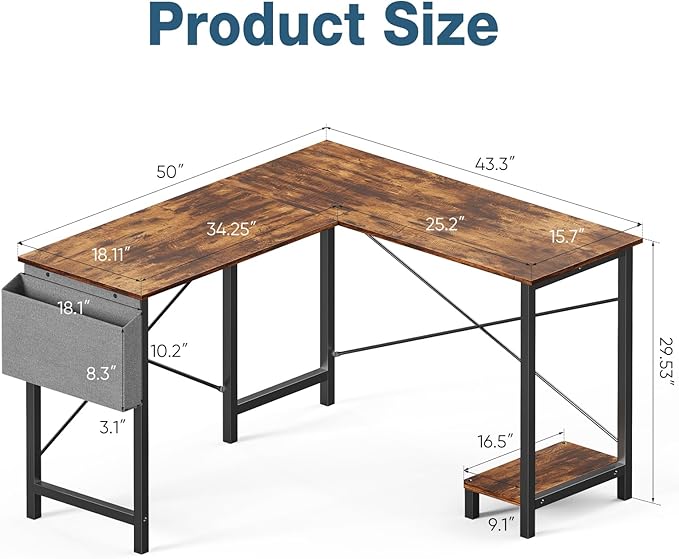 OLIXIS L Shaped Desk 50-Inch Office Computer Gaming Desks Corner PC Table with Side Bag and Reversible Shelf for Home Work Study Writing Rustic Brown