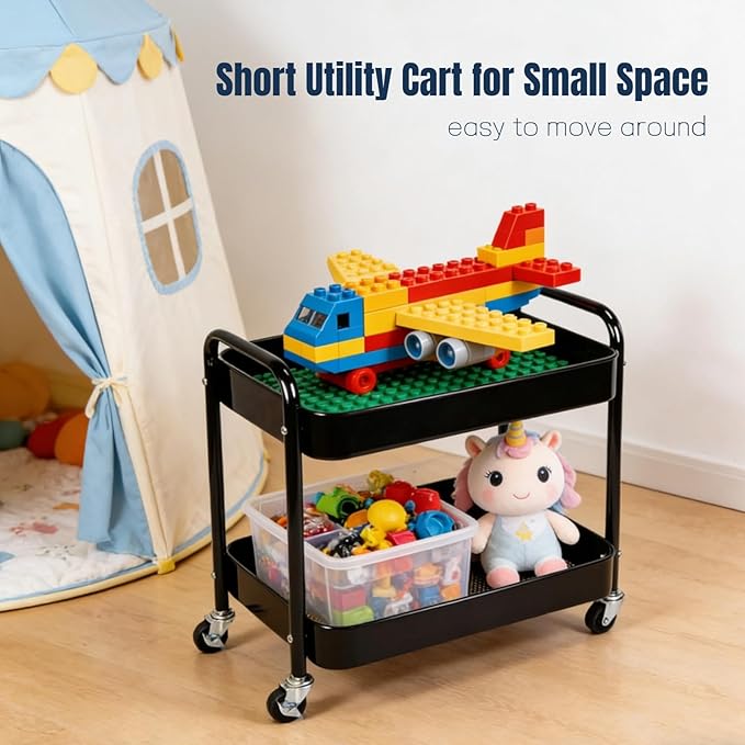 2 Tier Rolling Cart with Wheels for Under Desk Storage &amp Pantry Room Large Capacity Laundry Room &amp Makeup Organizer Sturdy Kitchen Utility Cart for Small Space with 4 Hooks Black