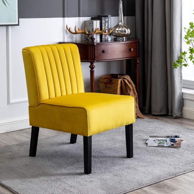 Mid Century Modern Accent Chairs Set of 2 with Minimalist Design Elegant Velvet Upholstery and Solid Wood Legs Ideal for Living Room or Bedroom Yellow
