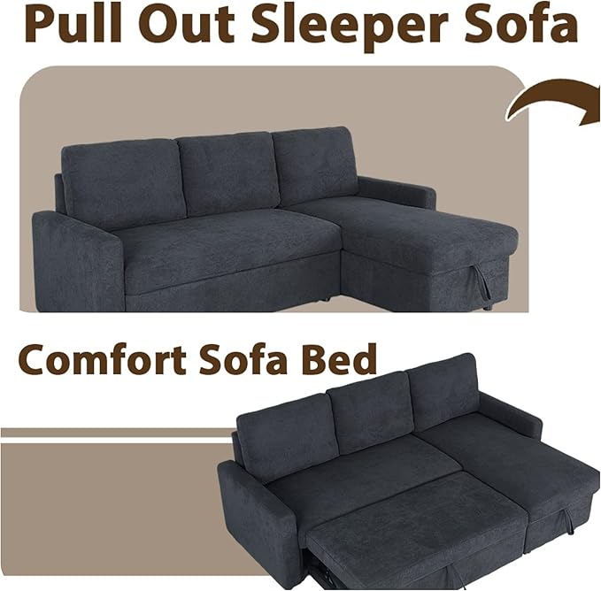 Sleeper Sofa Couch with Pull Out Bed L Shaped Couch Bed with Storage Sectional Sleep Couches Convertible Sleeper Sofa Beds W/Reversible Chaise&ampBack Cushion for Living Room Black