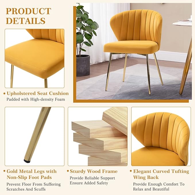 HULALA HOME Velvet Dining Chair Cute Armless Accent Chair Living Room Chair with Golden Legs Mid Century Modern Upholstered Side Chair for Kitchen Vanity Mustard