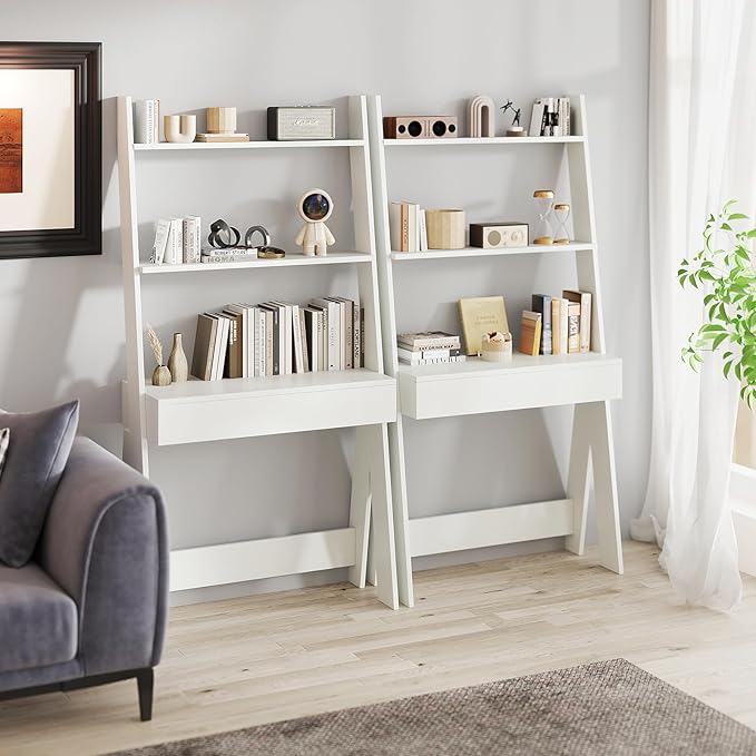 Tangkula Ladder Desk with Countertop &amp Drawer Home Office Computer Laptop Table with Open Shelves &amp Anti-Tip Kits Wall-Leaning Compact Working Station for Small Spaces (White)