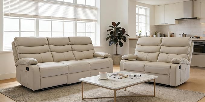 Reclining Couch Sofa Set Leather Recliner Couch Sofa and Loveseat Sets for Living Room RV Theater Seating(3 Seat Sofa+LoveseatBeige)