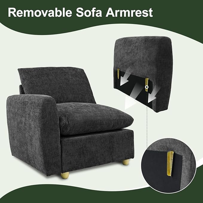 Brelice 2-in-1 Sofa Chair with Removable Arms Deep Seat Ergonomic Accent Chair Plush Chenille Fabric for Modular Living Room Sectional High Resilience
