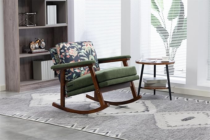 ZeHuoGe Mid Century Modern Accent Chair Rocking Chair with Wood Frame Upholstered Living Room Chairs Reading Armchair for Bedroom Sunroom (Antique Green)