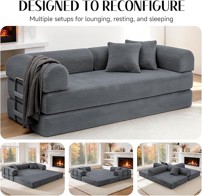 79 Corduroy Sofa Bed Boneless Couch in a Box with 2 Pillows High-Density Foam 4-in-1 Foldable Sleeper Futon Loveseat for Small Spaces No Assembly Side Pockets Dark Grey