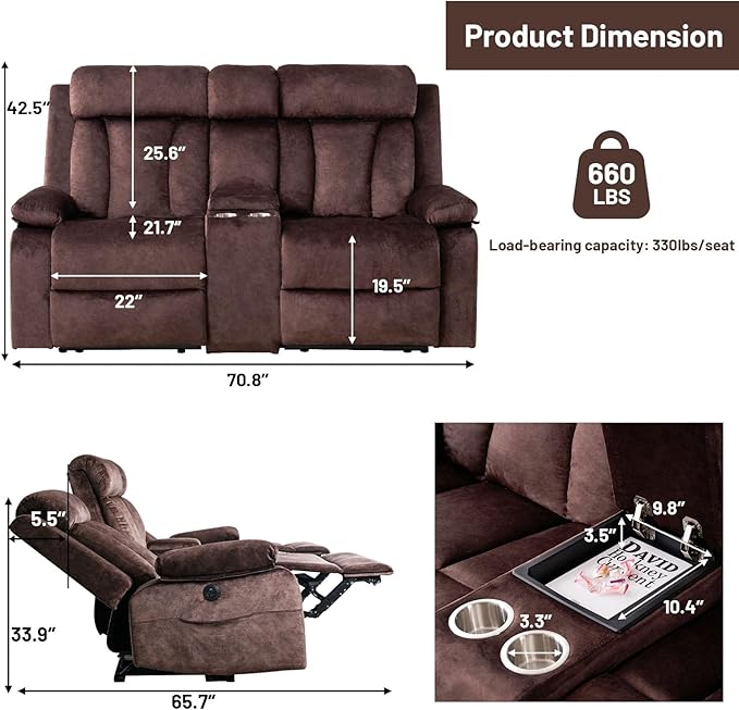 Power Reclining Loveseat with Console Electric Double Recliner with USB/Type C/Side Pocket/Cup Holders RV Recliners Wall Hugger Reclining Loveseat for Living Room &amp RV &amp Home Theater