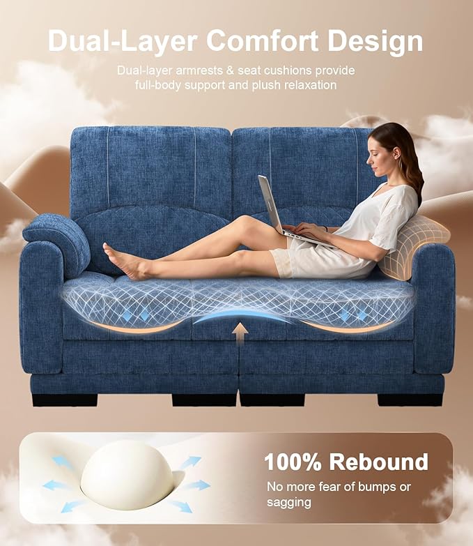 Boneless Loveseat Sofa High-Density Cloud-Like Double Cushion Floor Sofa Couch Chenille Small Boneless Couch for Living Room 850 lb Support Raised Backrest Ergonomic Easy Assembly Blue