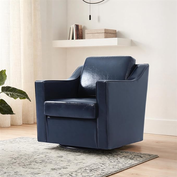 Swivel Accent Chair Set of 2 Modern Round Barrel Arm Chair for Living Room Bedroom Comfy Club Reading Chairs for Adults Leather Navy Blue