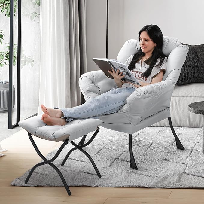 Athena Collection Lazy Lounge Chair with Ottoman Modern Soft Reading Arm Chair for Adults Comfy Sofa Armchair with Footrest and Side Pocket for Corner Living Room Bedroom Small Space Grey