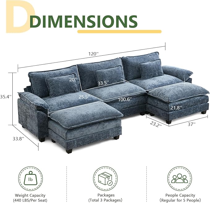 120 U Shaped Couch Modular Sectional Sofa Cloud Couch with Movable Ottoman Modern Chenille Deep Seat Sleeper Sofa with Throw Pillows for Living Room and Apartment (Blue 5-Seat)