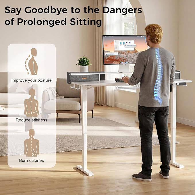Electric Standing Desk with Drawers 63 Inch Height Adjustable Desk with Power Outlets &amp LED Lights Sit Stand Table with Monitor Stand for Home Office White