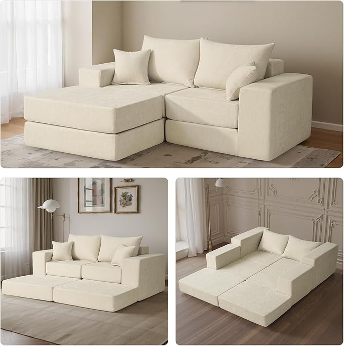 Modular Convertible Loveseat Sleeper Sofa Bed Chenille Upholstered Sectional Boneless Couch for Living Room L Shaped Foam Cloud Couch in Box Customizable Floor Sofa Bed (No Assembly Beige)