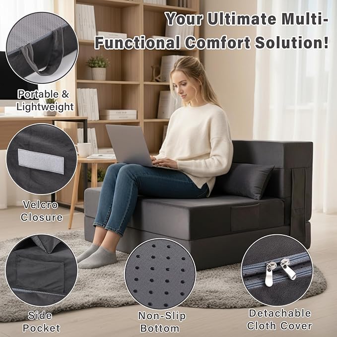 Tiita Folding Sofa Bed Couch Twin Size Foldable Futon Chair with Pillow Folding Sleeper Sofa Chair Bed Floor Mattress for Guest Room Living Room Dark Grey