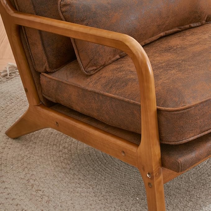 Mid Century Modern Accent Chairs Single Bronzing Cloth Lounge Reading Armchair with Solid Wood Frame Easy Assembly Arm Chairs for Living Room-Brown