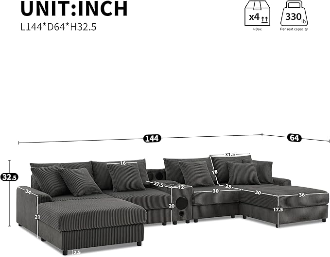 Sectional Sofa Corduroy Cloud Sofa with Bluetooth Speakers L-Shaped Couch with Console USB Charger Cup Holders Storage 6 Seats Deep and Wide Seat Couch for Living Room (Dark Grey)