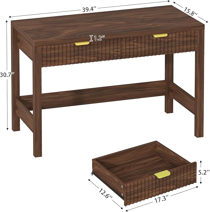 Fluted Computer Desk with 2 Drawers 39 Inch Small Computer Desk with Storage Compact Writing Study Desk for Small Spaces Walnut