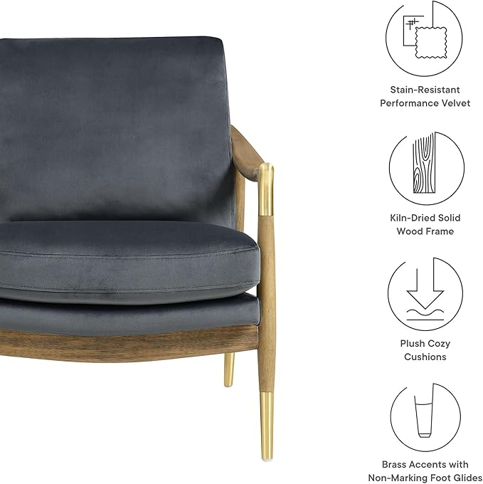 Modway Langford Stain-Resistant Performance Velvet Armchair – Mid Century Modern Velvet Chair with Wood Frame – Upholstered Accent Chair for Living Room or Bedroom
