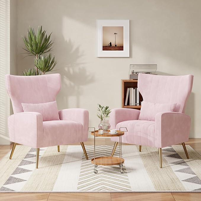 Velvet Accent Chair Set of 2Wingback for Living Room High Back Arm Chair with Golden Legs Lumbar Pillow Upholstered Single Sofa Bedroom Pink