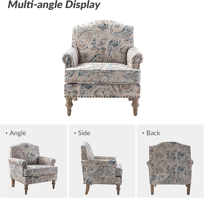 HULALA HOME Accent Armchair with Print Floral Pattern Comfy Upholstered Living Room Accent Chair with Retro Wooden Legs &amp Nailhead Trim Fabric Sofa Chair Reading Chair for Bedroom Office Paisle