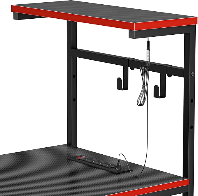 HomGarden Gaming Desk with Power Outlets and LED Lights 44 Inch Computer Desk with Monitor Stand and Reversible Shelves for Home Office Bedroom Black
