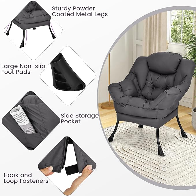 KOMFOTT Modern Accent Chair Soft Upholstered Lazy Sofa with Side Pocket &amp Armrests Single Sofa Armchair Leisure Sofa Chair for Living Room Bedroom Gray