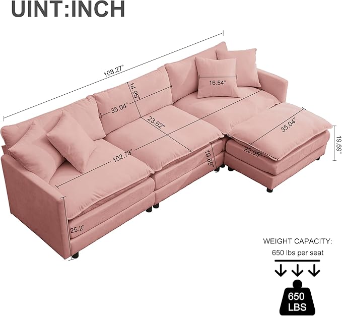 Modular Sectional Sofa108.27'' Modern Sofa Sleeper Couch with 3 Seat &amp 1 Ottoman &amp 3 pillows Sofa SetComfy Cloud Couches with Movable Ottoman Deep Seat Sofa for Living Room Chenille (pink L