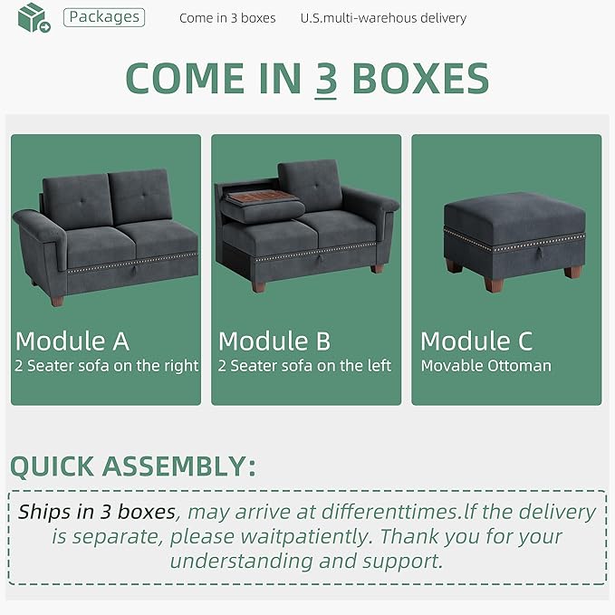 Shintenchi Sectional Couch Convertible L Shaped Couch with Storage Modular Sectional Sofa with Storage Ottoman for Living Room Apartment Office Dark Gray