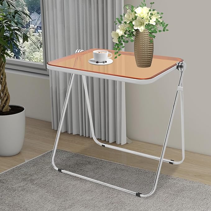 Folding Table Clear Foldable Side Table &amp Tiny Desk for Home Office - No Assembly Required Small Computer Desk with Sturdy Metal Frame for Living Room Bedroom Small Spaces