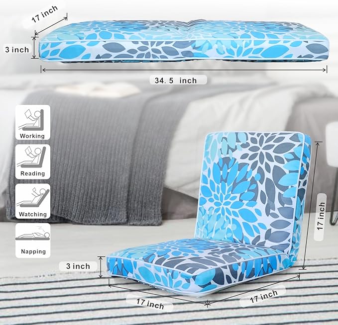JMGBird Floor Chair with Back Support - Adjustable 5-Position Gaming Chair Waterproof Light Blue Floral Print Indoor Outdoor Meditation Cushion