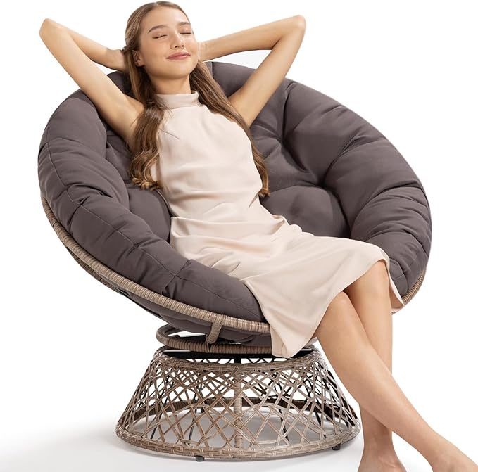 Bme 40 Ergonomic Wicker Papasan Chair with Soft Thick Cushion &amp Frame 360° Swivel Circle Reading Comfy Chair for Living Room Bedroom