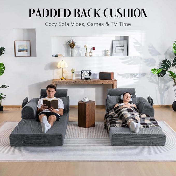 Upgrade Sofa Bed Convertible Boneless Couch for Small Spaces with High Backrest Design Fixed-Shape Frame &amp Removable Armrests and Backrest 2 Corduroy Pillow Dark Gray