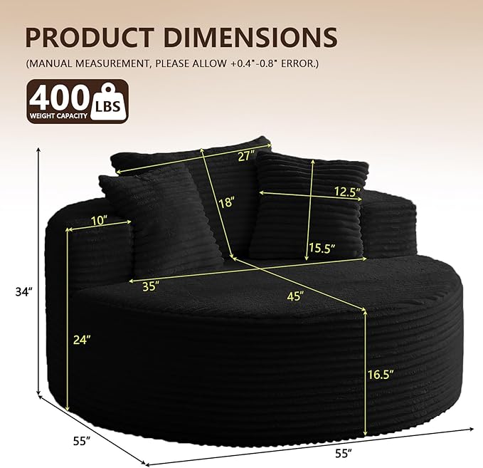 55''Oversized Round Chair Lounge Chaise IndoorCloud Boneless Large Circle Chair with Plush CorduroyNo Assembly RequiredFluffy Modern Sleeper Sofa Bed for ReadingLiving Room(blackFabric Upgrade)