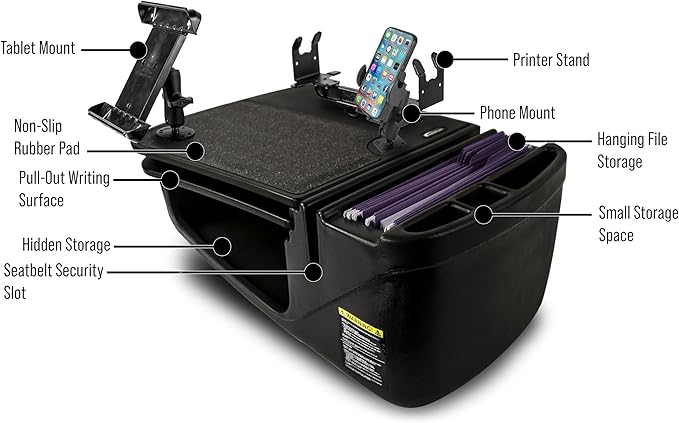 AutoExec AE-GMCD-PM-PS-TAB-BT GripMaster Car Desk for Your Vehicle Workstation and Mobile Office Black with Phone Mount Printer Stand and Tablet Mount