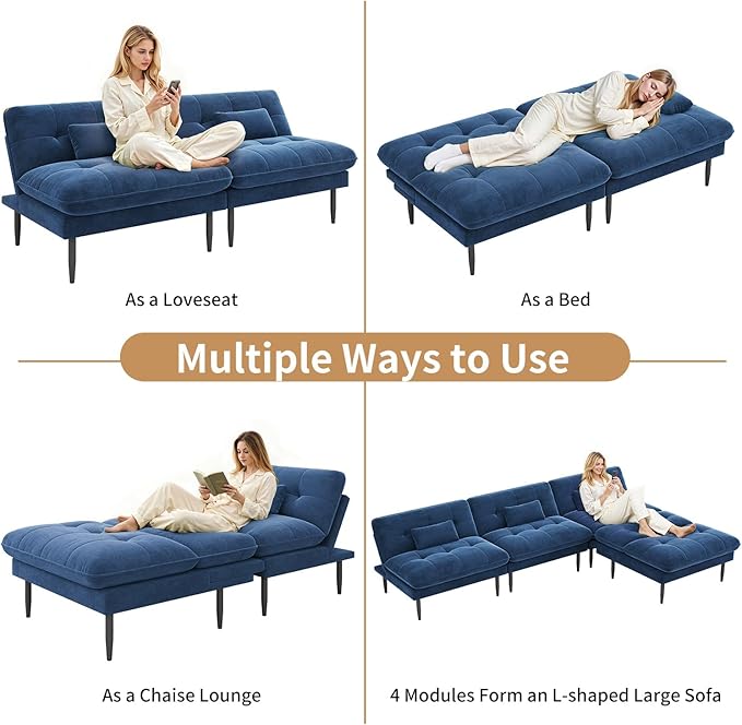 70 inch Convertible Futon Sofa Bed Velvet Sleeper Sofa with Adjustable Backrest Thick Fill and Convertible Modules 4 in 1 Loveseat Couch for Living Room Blue
